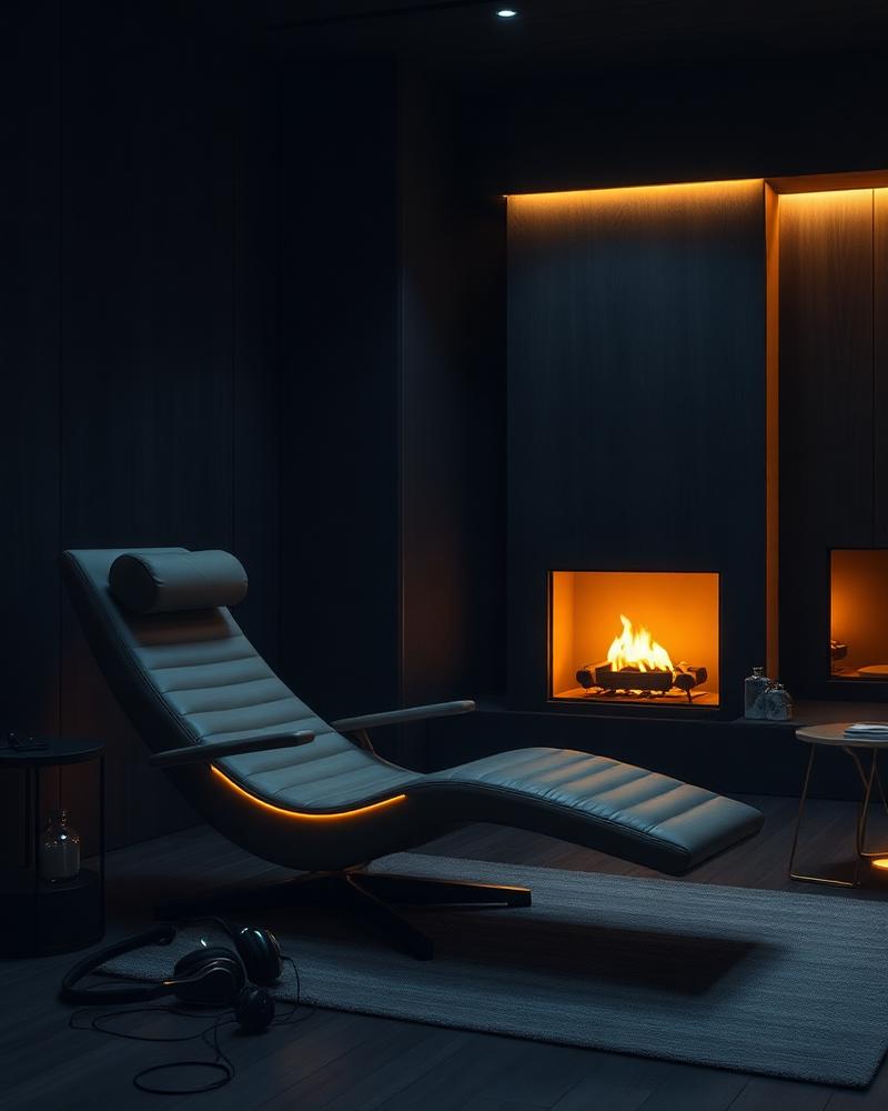 Modern recovery chair beside a warm fireplace in a dark room
