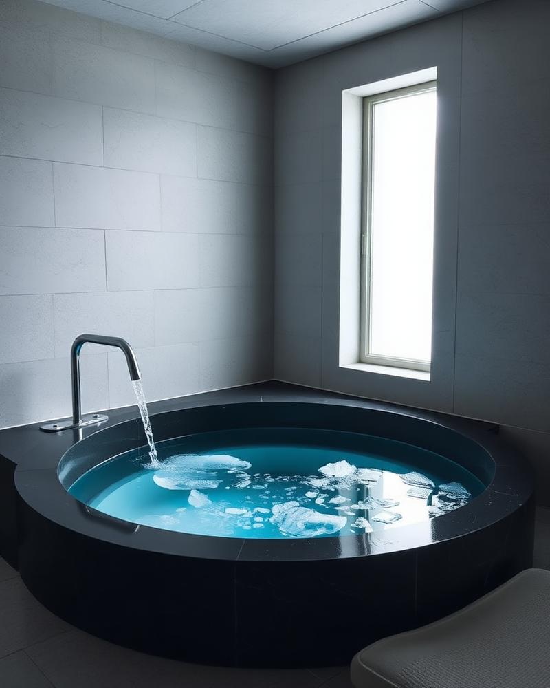 Black stone cold plunge filled with clear blue water and ice