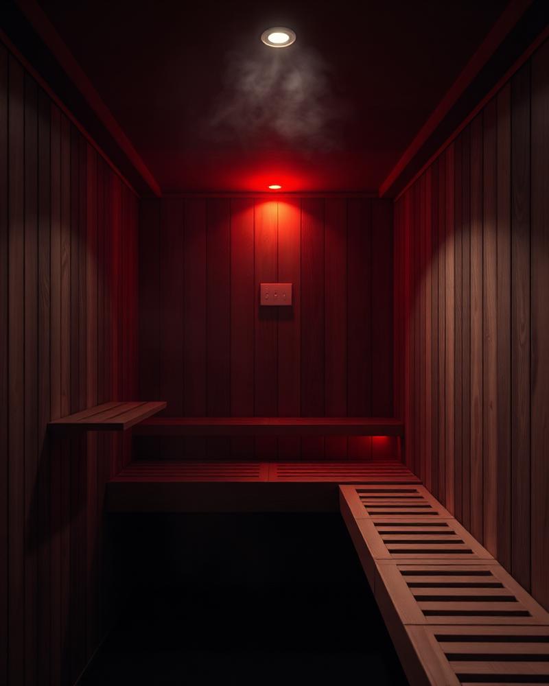 Dark cedar sauna illuminated with red and amber light